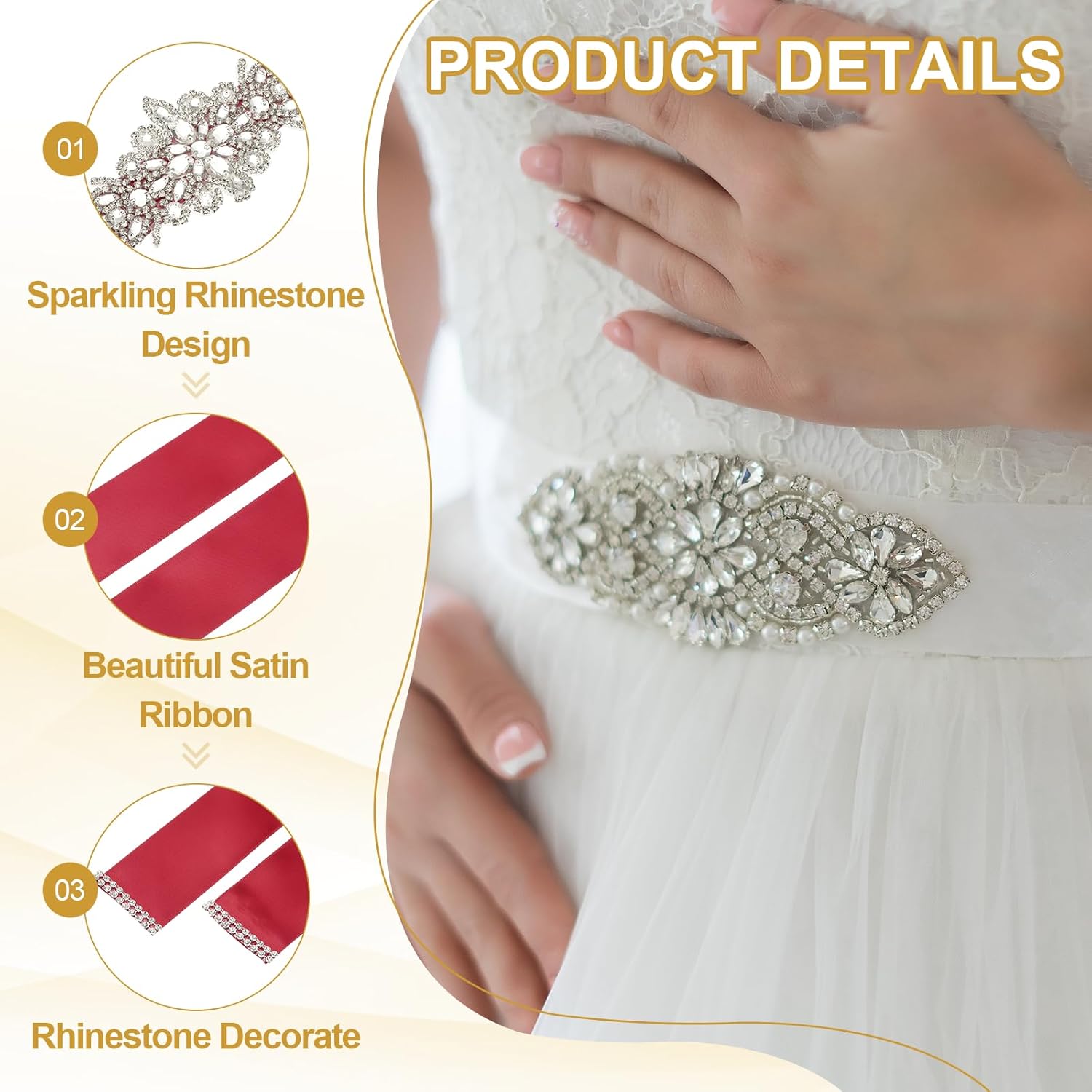 uxcell Bridal Belt Wedding Dress Belt Handmade with Sparkly Crystal Rhinestone Ribbon Sash - Image 3