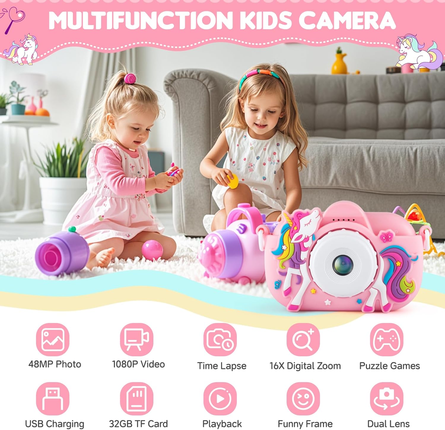 Kids Camera for 3-5 Years Old Girls Gifts, 48MP Kids Digital Camera with 32GB SD Card 16X Digital Zoom, Toddler Camera Toys Christmas Birthday Gifts for Boys Girls Pink - Image 2