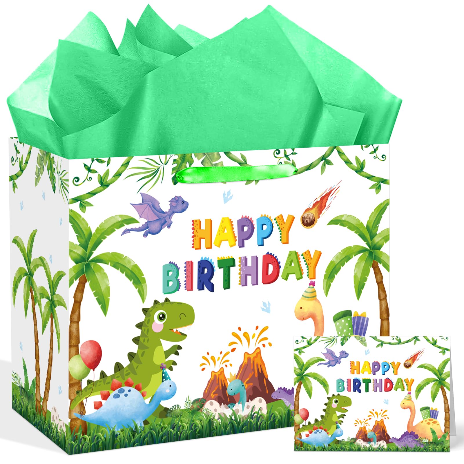 QISOLIY Dinosaur Birthday Gift Bag for Kids Boys Happy Birthday Gift Bag with Tissue Paper and Greeting Card, Cute Dino Party Favor Bag for Children, Party Present Wrapping Bag with Handle
