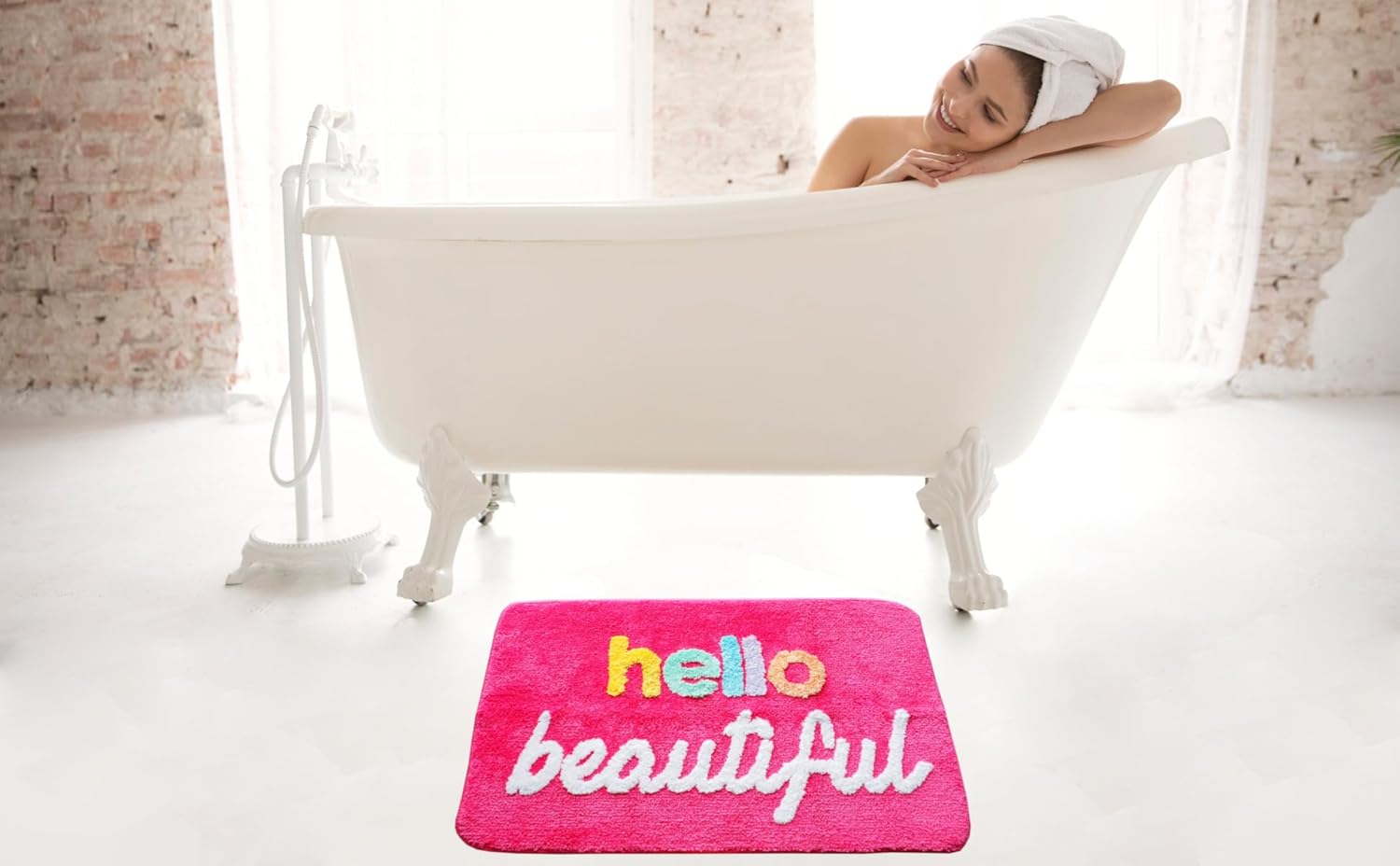 Evovee Hello Beautiful Bath Mat Cute Bathroom Rugs for Girls You Look Good Gorgeous Funny Shower Fun Bathroom Decor Non-Slip Washable Kids Women Dark Hot Pink Magenta Rainbow Colorful