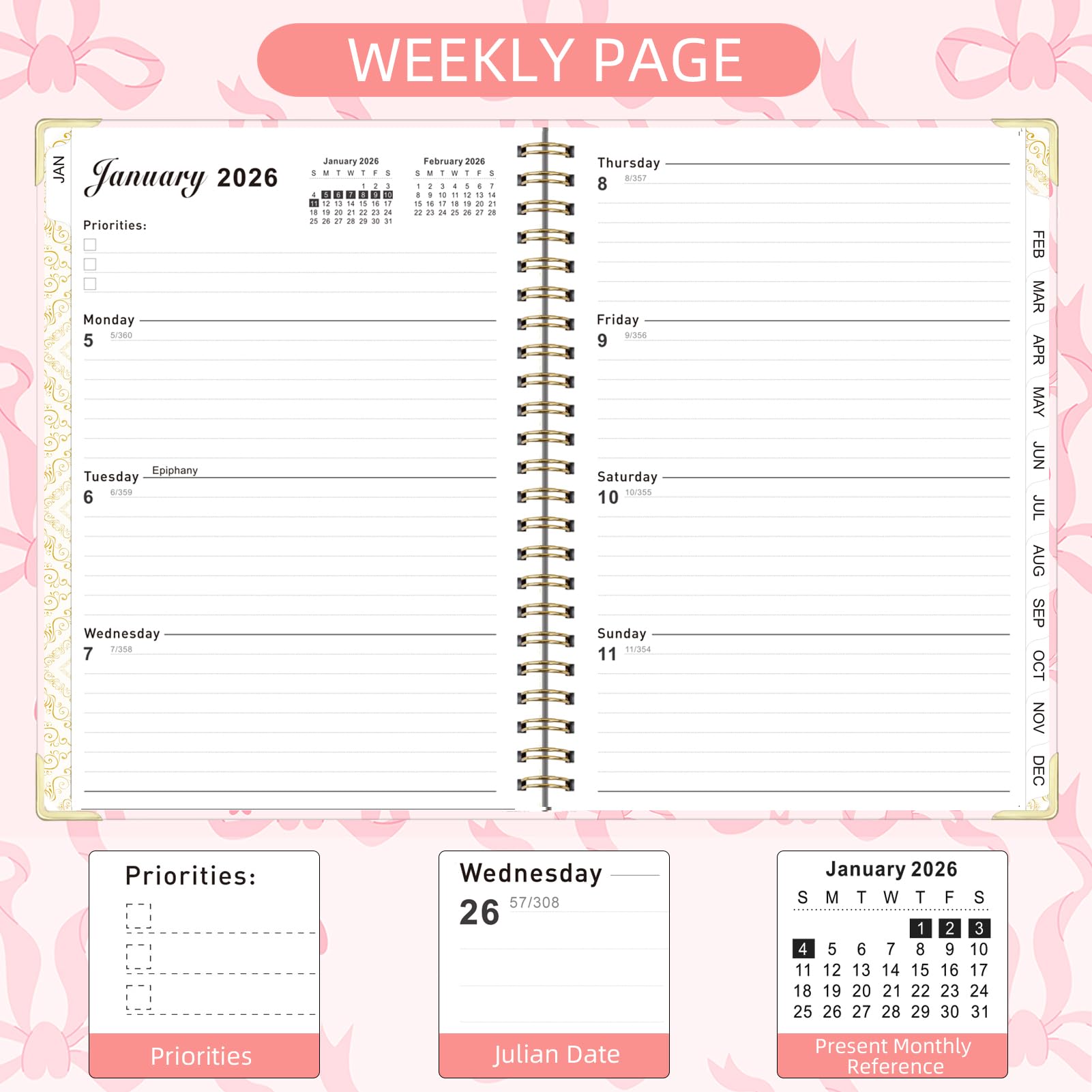 Knagsfa 2026 Monthly Planner, Jan.2026 - Dec.2026 Weekly Monthly Planner 6.25"x8.5" with Page Tabs, Calendar Hardcover with Inner Pocket, Elastic Band, Twin-Wire Binding, Bookmark, Love Heart Bow - Image 4