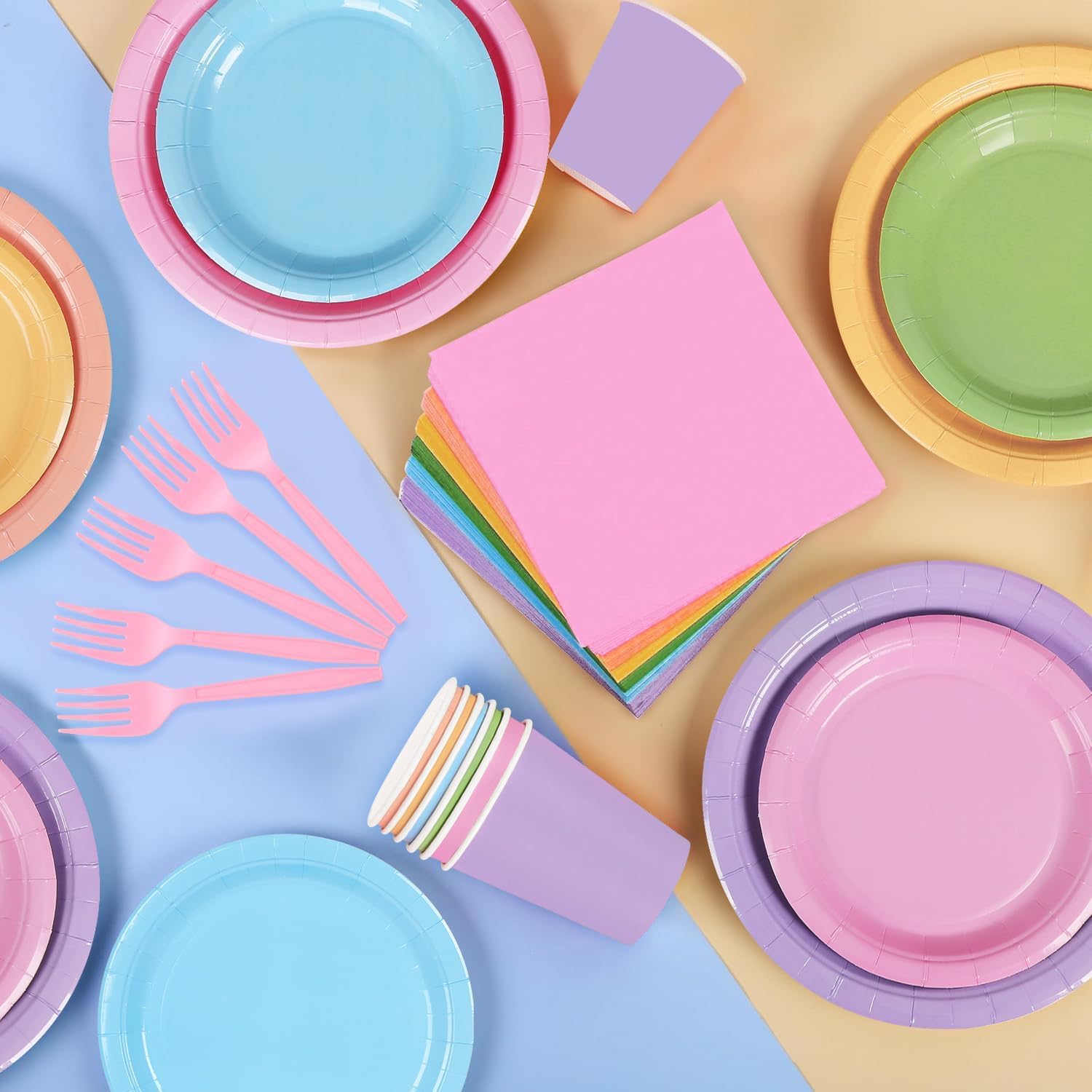192PCS Pastel Party Supplies Set Rainbow Tableware Bulk Include Paper Plates Cups Napkins Colorful Mix Color Disposable Dinnerware Decorations for Baby Shower Graduation Carnival Wedding