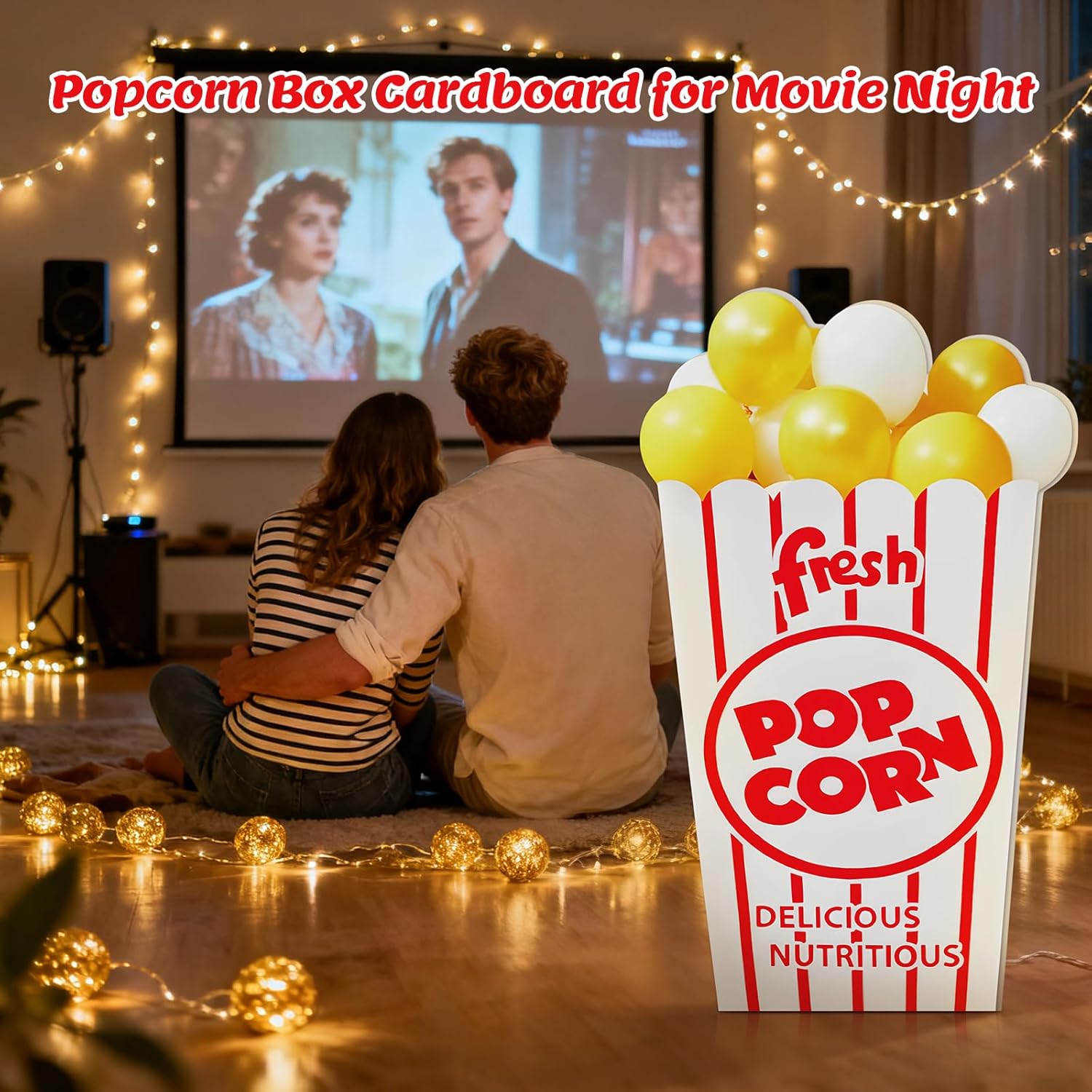 Carnival Circus Party Decoration, 47" Popcorn Balloon Box Cardboard Cutout Stand up, Large Striped Red & White Popcorn Box Photo Props for Movie Night, Carnivals, Circus, Theme Party, Theater