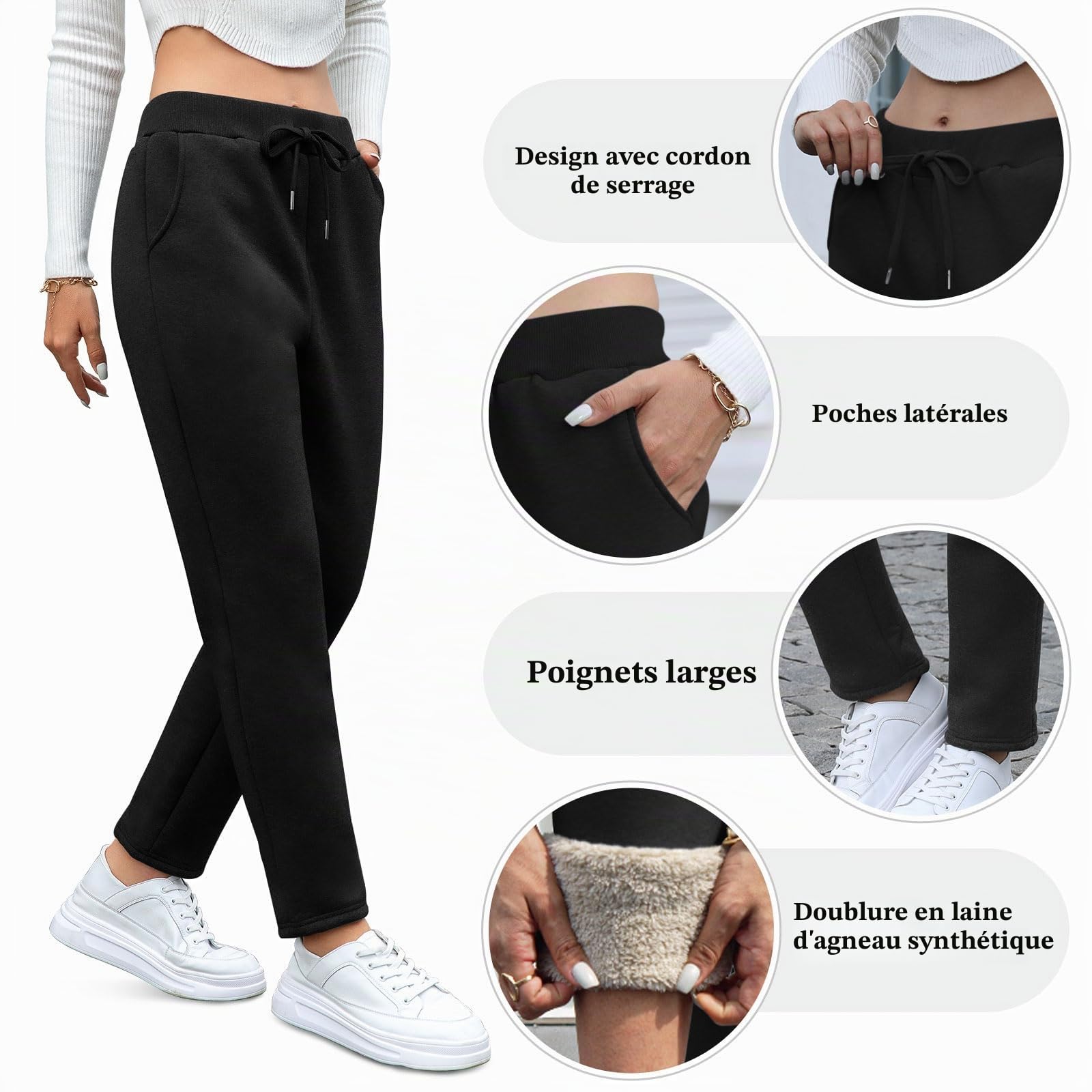 Pantalon Polaire Femme Chaud Jogging Hiver avec Poches | Jogging Femme Chaud Doublé Polaire, Pantalon Hiver Confortable avec Taille Élastique et Cordon pour Maison et Loisirs