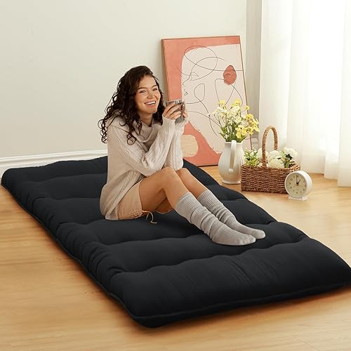 3'' Thick Japanese Floor Futon Mattress  Collapsible Tatami Mat for Camping, Dorm, Sofa, Yoga, Meditation  Portable Roll-Up Sleeping Pad,