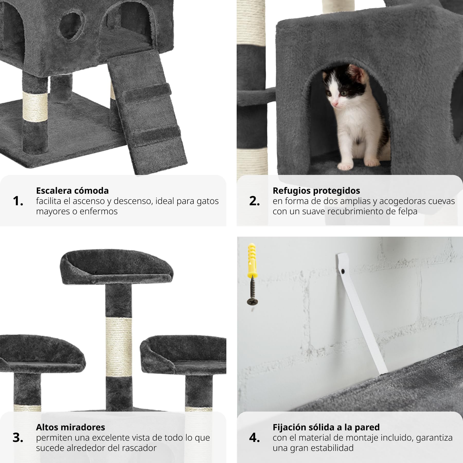 tectake® arbol rascador para Gatos, sisal Resistente, casa 3 nidos, Sistema antivuelco, Poste rascador Gatos, Cama de Gato, Juguetes para Gato - 170 cm Alto Gris
