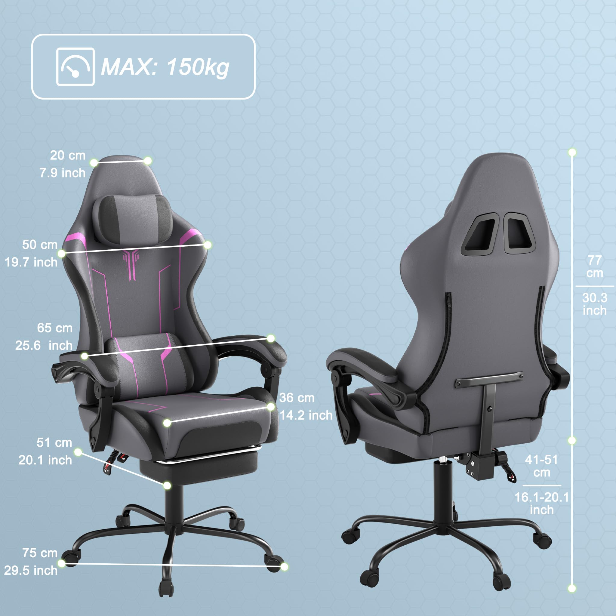 YHome Sedia da gaming da ufficio, regolabile in altezza, con cuscino, cuscino lombare, poggiapiedi e braccioli, ergonomica, superficie in tessuto vellutato (nero+grigio+viola)