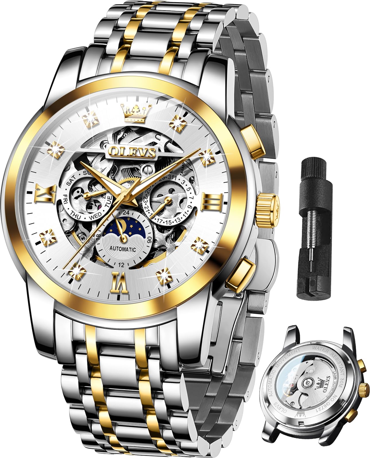 OLEVSOLEVS Mens Luxury Skeleton Automatic Watch Diamond Self Winding Mechanical Timepiece Gifts Luminous Waterproof