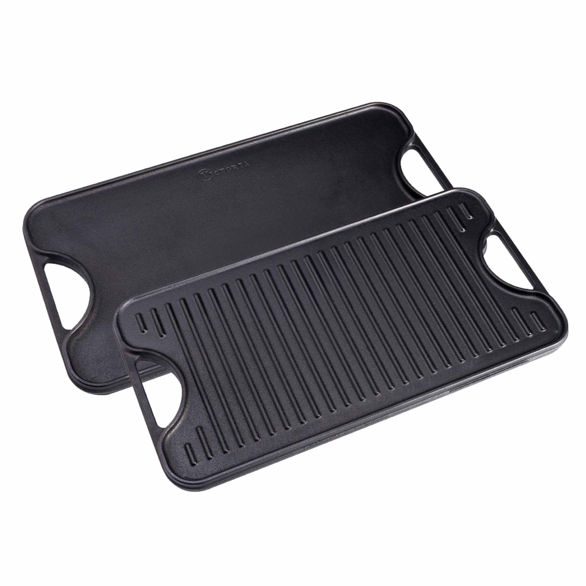 VICTORIA Bistecchiera Ghisa Smaltata, Piastra per Grigliare Reversibile 47 X 25 cm per Fuoco, Barbecue, Forno, Vetroceramica, Gas, Priva di Sostanze Tossiche e senza PTFE