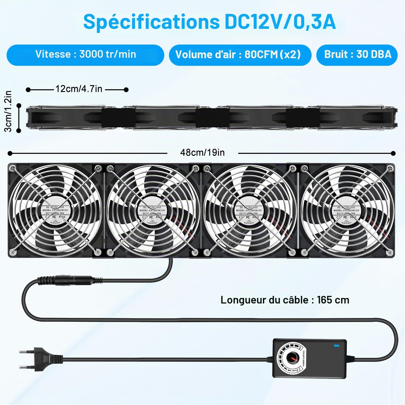 Ventilateur PC 120mm ventilateurs pc silencieux fan 12V avec 3 vitesses réglables, portable pc ventilateur AC 220V - 240V, pour TV, radio, routeur