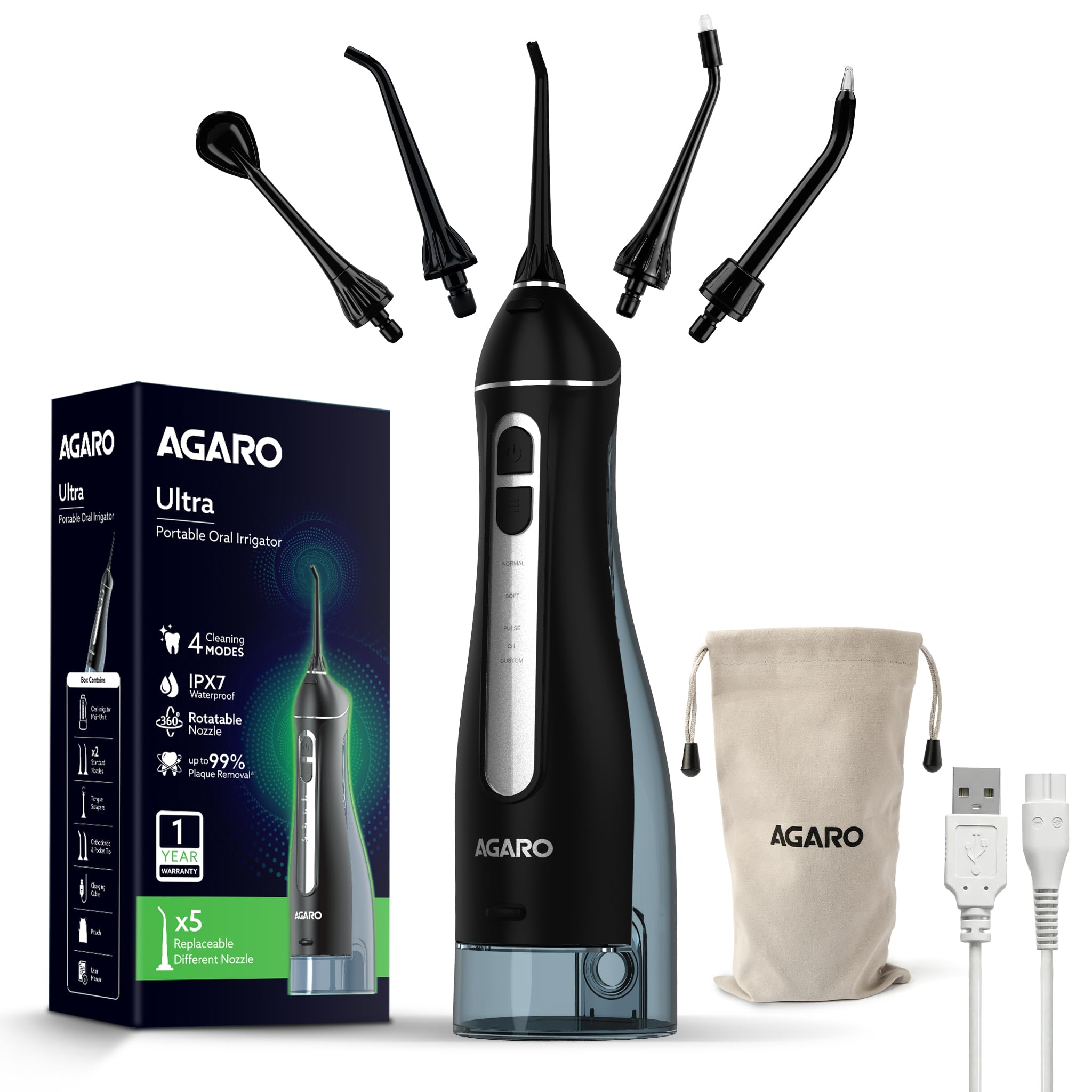 AGARO Ultra Dental Flosser for teeth, 5 Nozzles, Portable,Cordless & Rechargeable,4 Cleaning Modes,IPX7 Waterproof with 300ml Watertank, Flossing at Home & Travel,Oral Flosser,Oral Irrigator