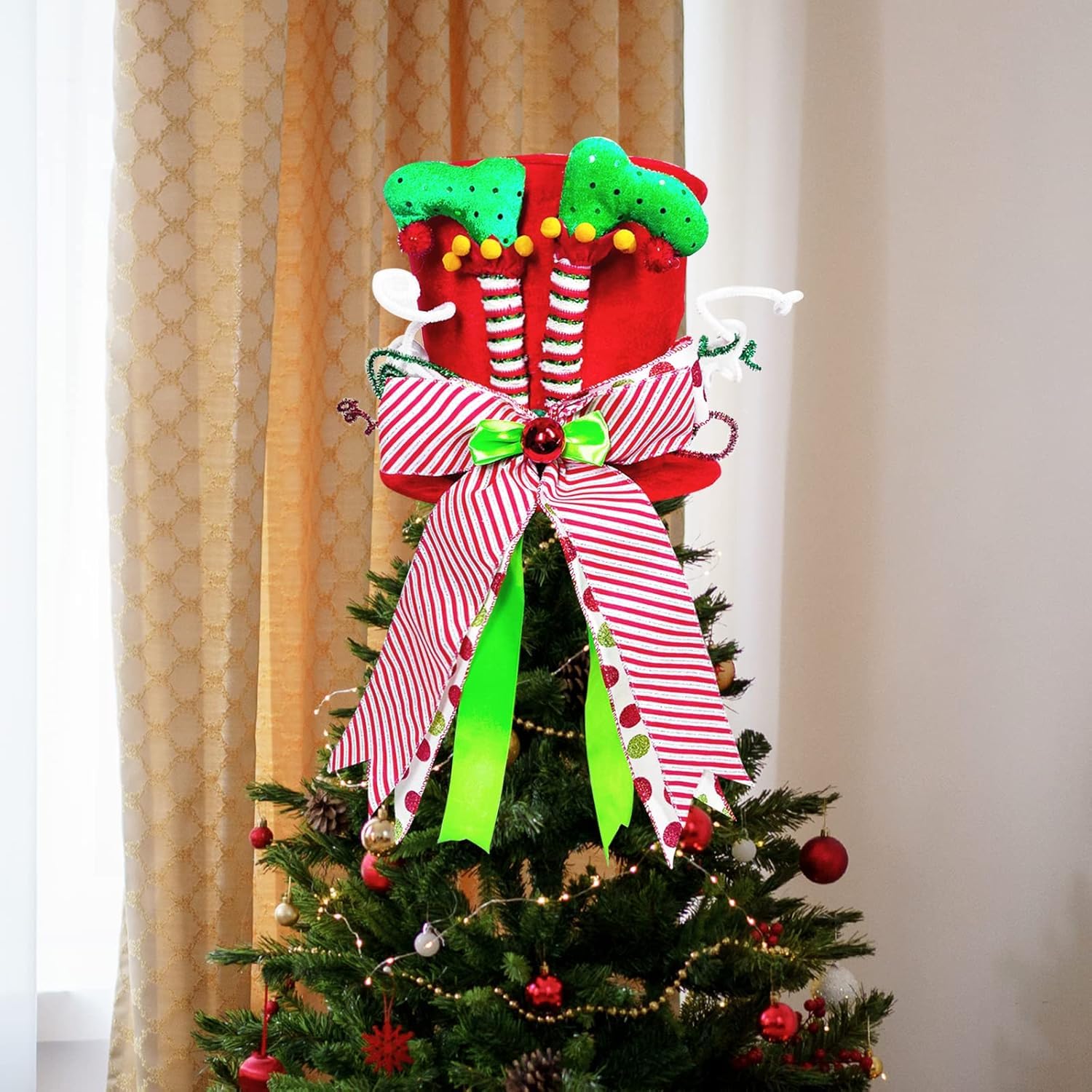 KAHEIGN Punte per Albero di Natale, 25CM Grande Rosso Puntale per Albero di Natale Cappello a Cilindro con Gambe da Elfo e Nastro a Strisce per Casa Natale Inverno Festa Decorazione Desktop Ornamenti
