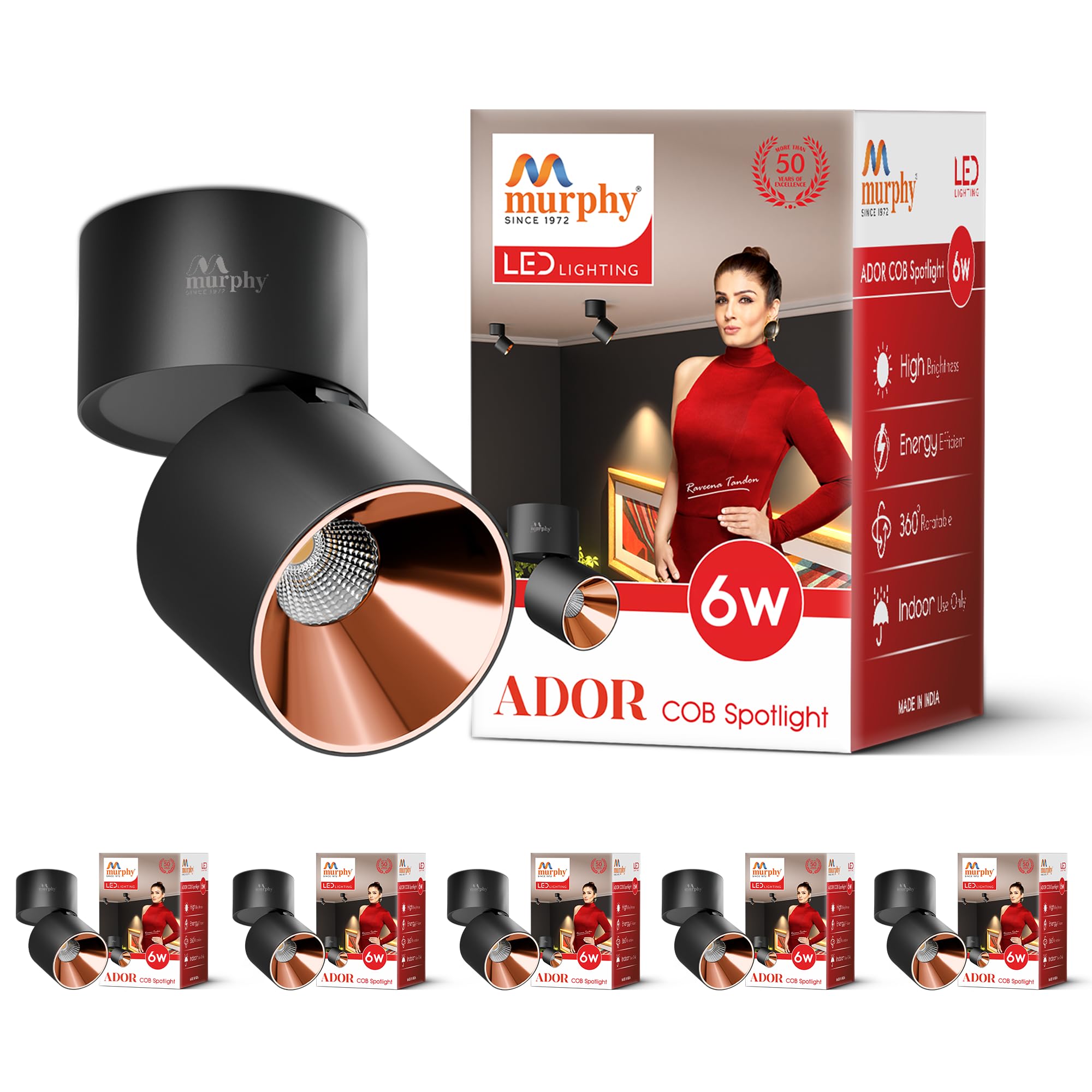 Murphy Ador 6W LED Surface COB Spot Light | Rose Gold Reflector | Warm White | 360° Rotatable & 90° Adjustable | Aluminium Body | 4kV Surge Protection | BIS Approved | 2 Year Warranty | Pack of 6