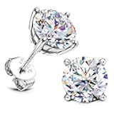 Moissanite Stud Earrings : 18K White Gold Plated Solid 925 Sterling Silver Earring Hypoallergenic Dainty Flat Back Stud Earrings Jewelry for Women Men D Color VVS1 Clarity