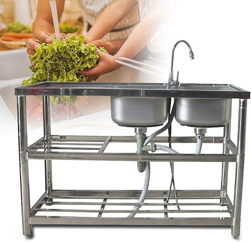 DNYSYSJ Fregadero de cocina comercial con 2 cuencos y 2 estantes, fregadero independiente de acero inoxidable 304