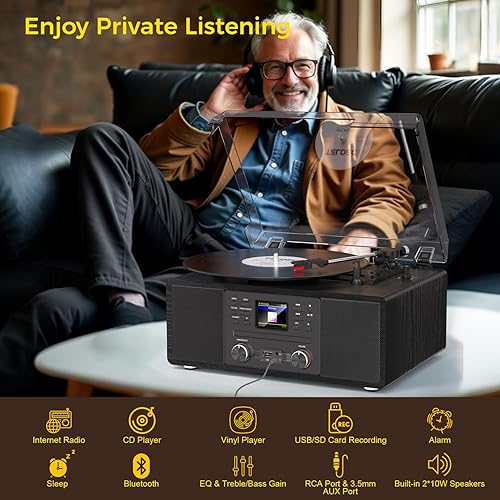 Miniatura 5 de Tocadiscos de vinilo Bluetooth con CD y radio por Internet, tocadiscos de 3 velocidades con grabación USB, salida AUXRCA, control remoto y tono,