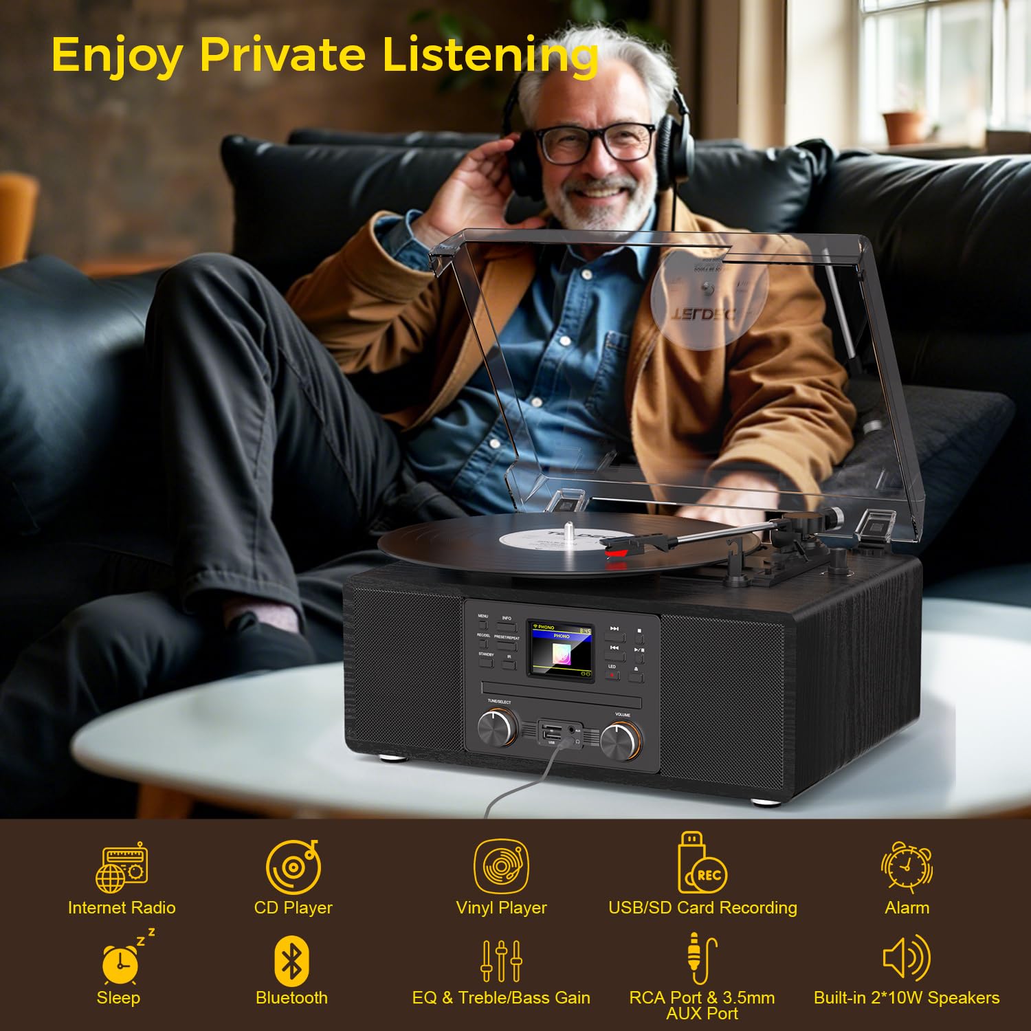 Giradischi Bluetooth in vinile con radio CD e Internet, giradischi con trasmissione a cinghia a 3 velocità con registrazione USB, uscita AUX/RCA, tono e telecomando, lettore in vinile nero vintage per