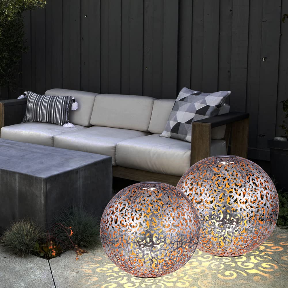 Solarleuchte Windlicht Solar Garten Kugel orientalsichLED Steckleuchte IP44, Erdspitz, Metall Muster antik silbergrau, 1x LED 3000K, DxH 40x50 cm
