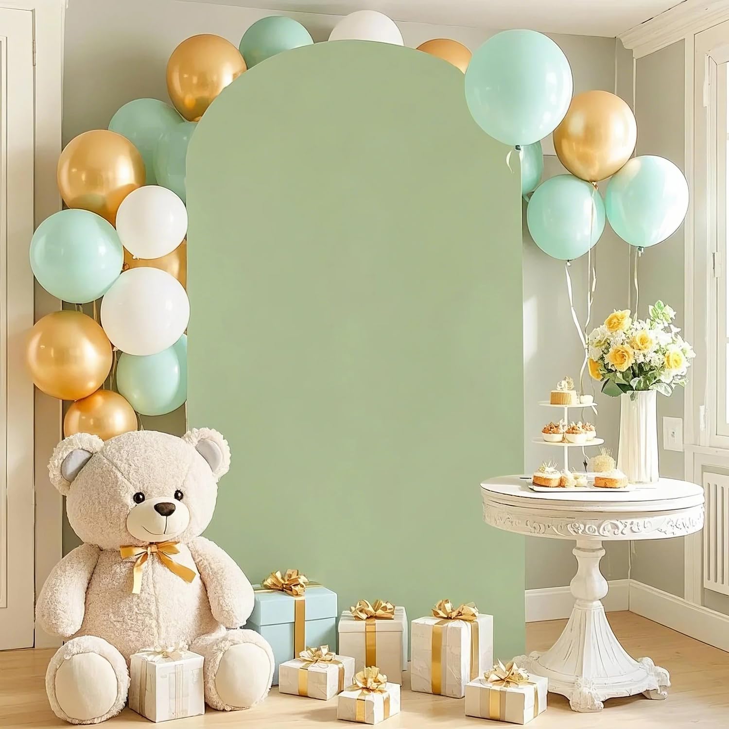 FUHSY Housse d'arche en élasthanne de 1,2 x 2,2 m, housse de toile de fond extensible vert sauge pour arche de mariage Chiara ronde en tissu pour support d'arche de guirlande, housse de cadre d'arche