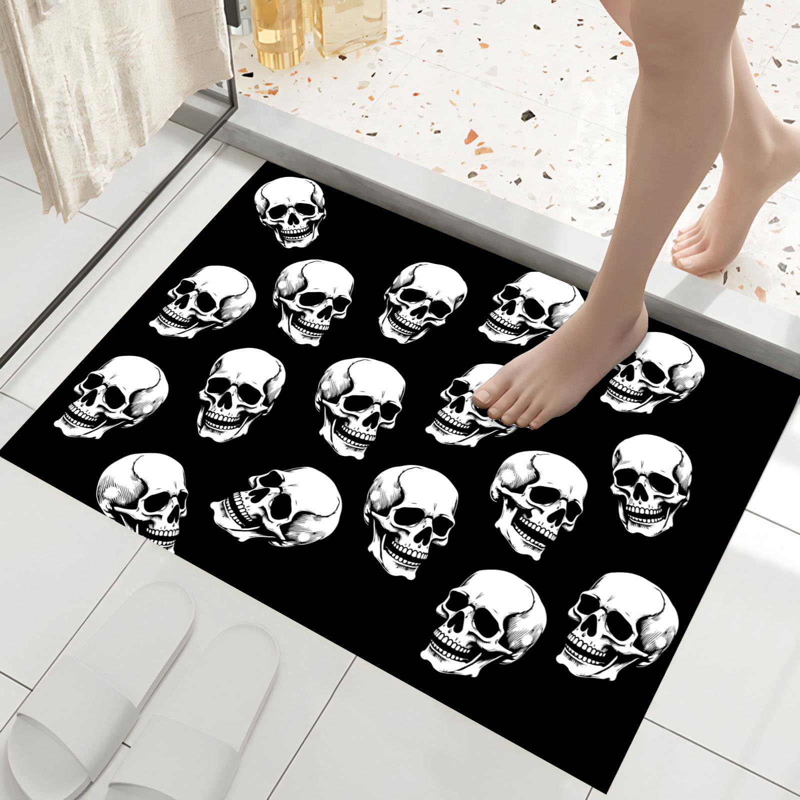 Tapis de porte crâne paillasson intérieur résistant noir et blanc