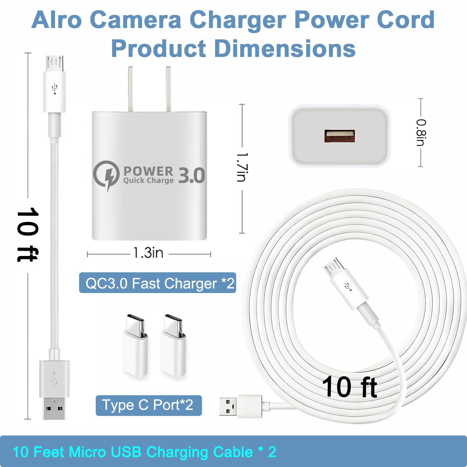 2 cavi di ricarica rapida QC3.0 da 3 m per fotocamera Arlo Pro/Pro2, cavo di alimentazione 9 V per Arlo, Q, GO, Essential Spotlight XL/XL 2nd, Ring Stick Cam, Wyze Cam Pan v3 v2, Blink, Yi Home, Kasa