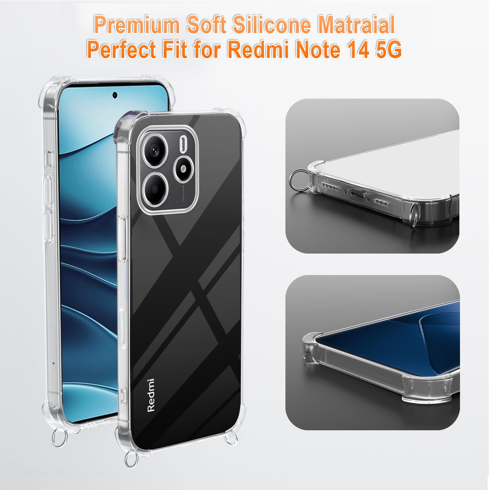 XTCASE Coque Pour Xiaomi 14 Avec Cordon, Etui Avec Collier - Tour De Cou Lanière En Corde - Transparente Silicone Housse Avec Cordage Lanyard Case, Noir