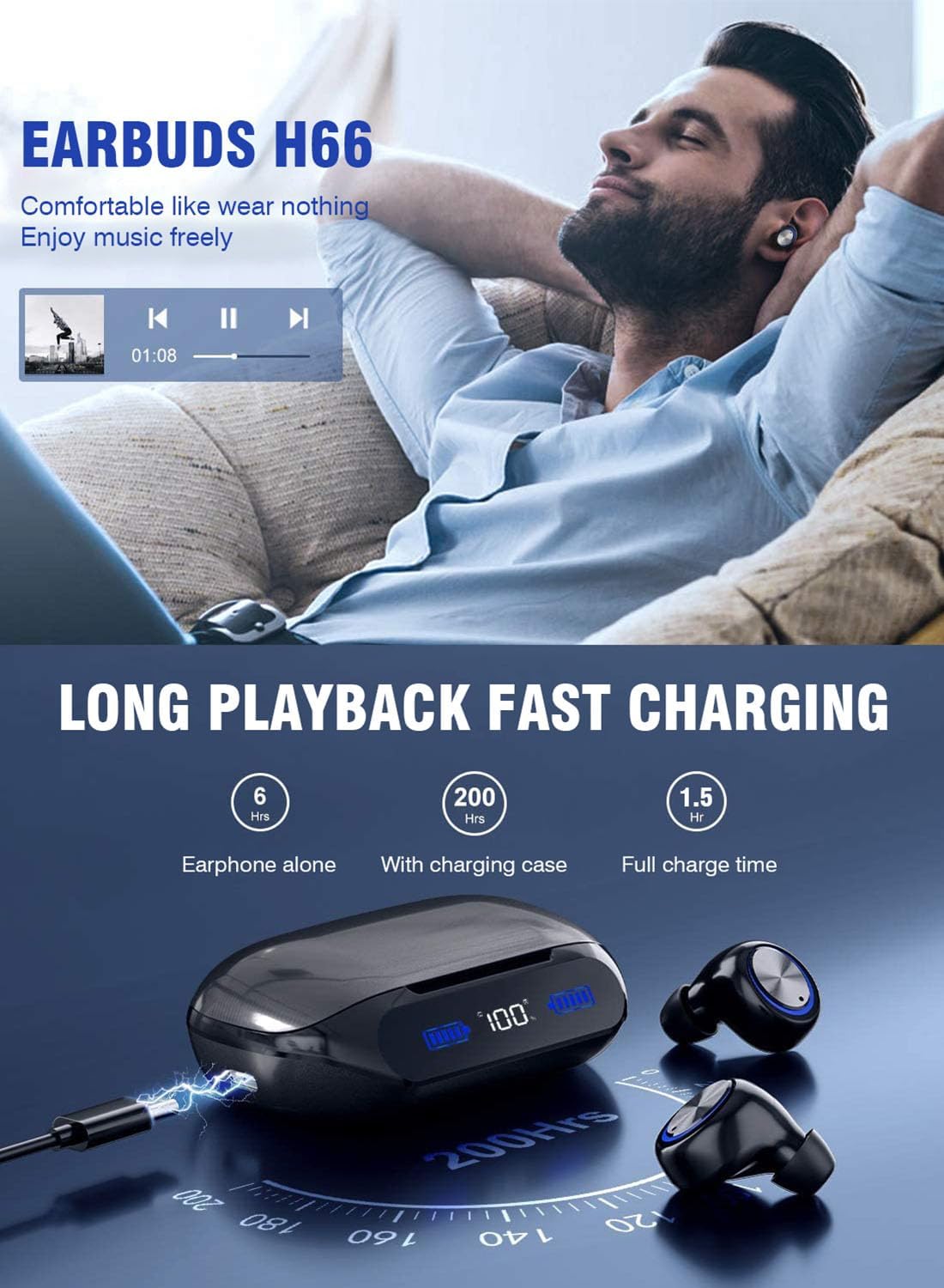 Bluetooth Earbuds Wireless 200Hrs Playback, IPX7 Waterproof, Noise Canceling LED Power Display Earphones with Charging Case, in-Ear, Headphones with Mic for Phone Smart TV Laptop Computer Android iOS - Image 8