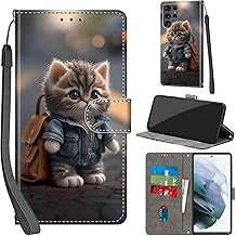 Mobile Phone Case for Samsung Galaxy S22 Ultra, PU Leather Protective Case, Foldable with Card Slot, Stand, Mobile Phone Case with Camera Protection, Flip Case for Samsung S22 Ultra, Cat