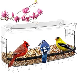 Ermete Window Bird Feeder with Strong Suction Cups, Large View Clear Bird Feeder Window, Bird Window Feeder with Bird Seed Tray, 13in x 5.5in x 4.2in Window Bird Feeders for Outside