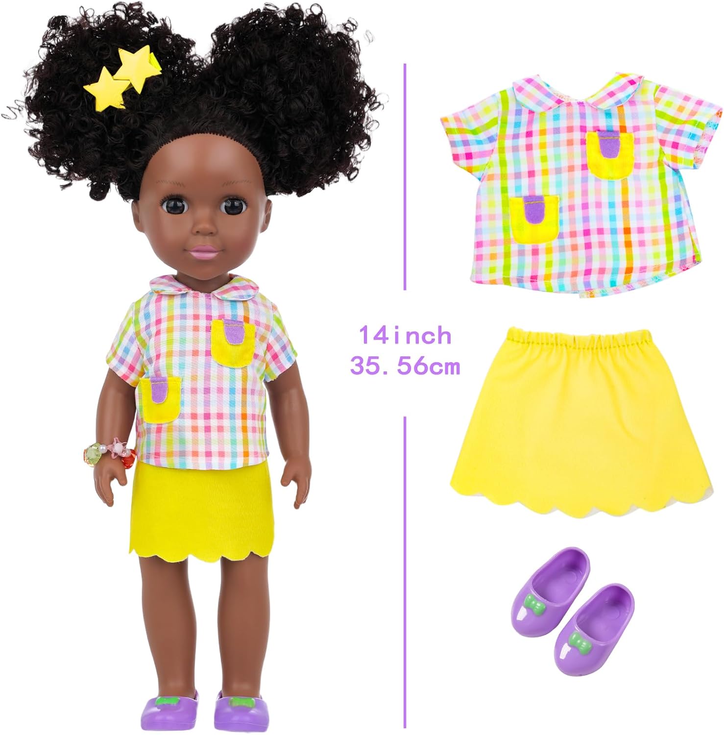 Ecore Fun 14.5 Inch Black Baby Doll, 12 Pcs Black Doll Clothes and Accessories, African Washable Realistic Silicone Girl Dolls Include Doll Clothes Shoes Phone Glasses Camera Hairpin Bracelet Stickers