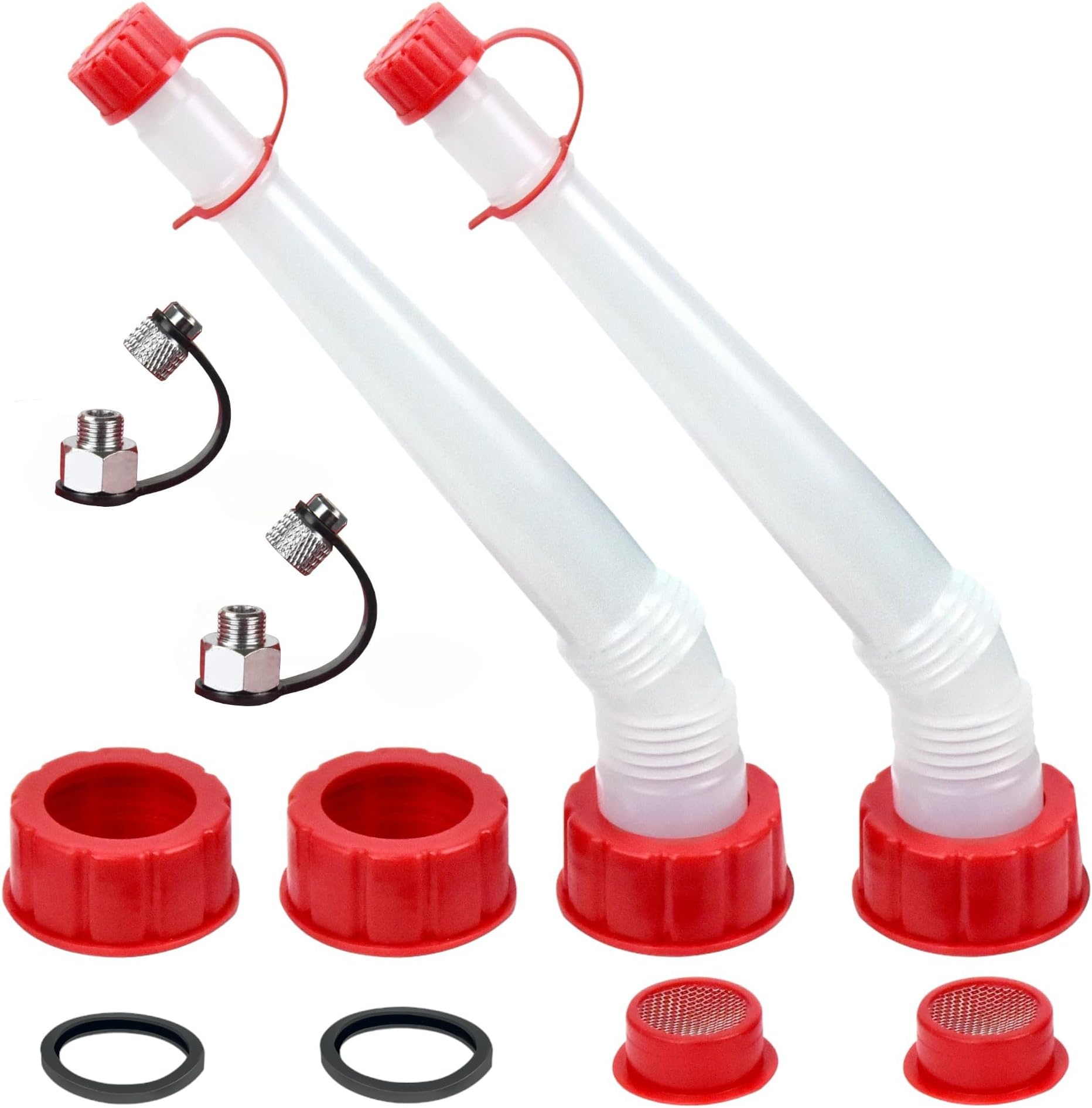 CM Conceptsยฎ Gas/Water Can Long Angled Spill-Free Spout Nozzle & Vent Replacement Kit w/Filter Screen Old Style (2) (With Chrome Vents)