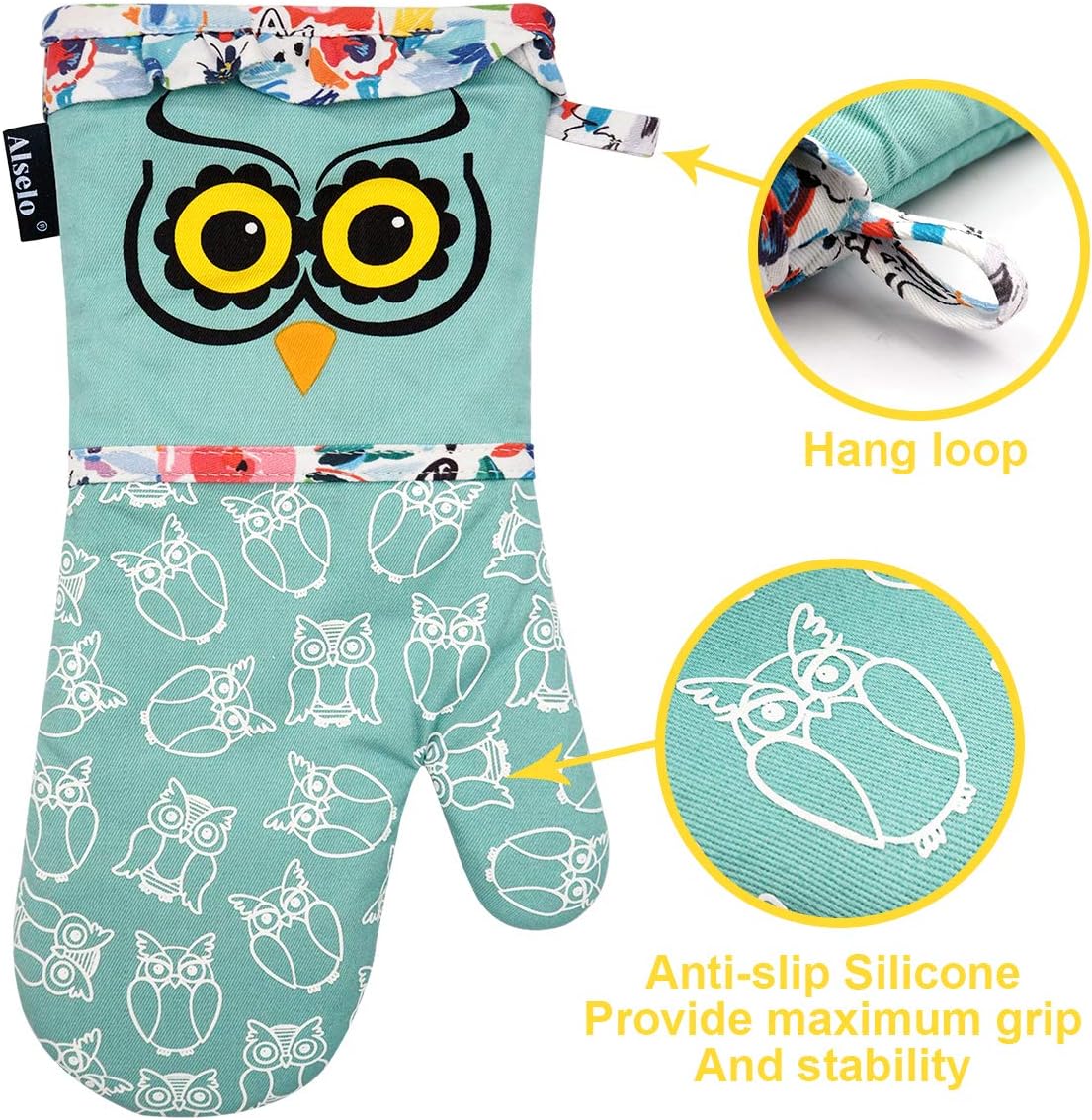 Oven Mitts, Heat Resistant with Soft Quilted Cotton Lining Set of 2, Fashion Animal Design with Silicone Printing Anti-Slip Kitchen Gloves for Safe Backing Cooking Barbecue (Green 2) - Image 3