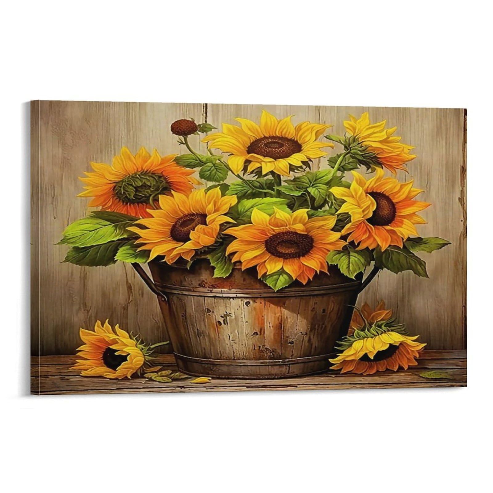 CPLVKWRQJ Starry Night Over Sunflowers Single Piece Metal Bucket Full of Bright Sunflowers Canvas Wall Art - Housewarming Gift Bedroom Canvas Painting Ready to Hang Decor 20x30inch(50x75cm)