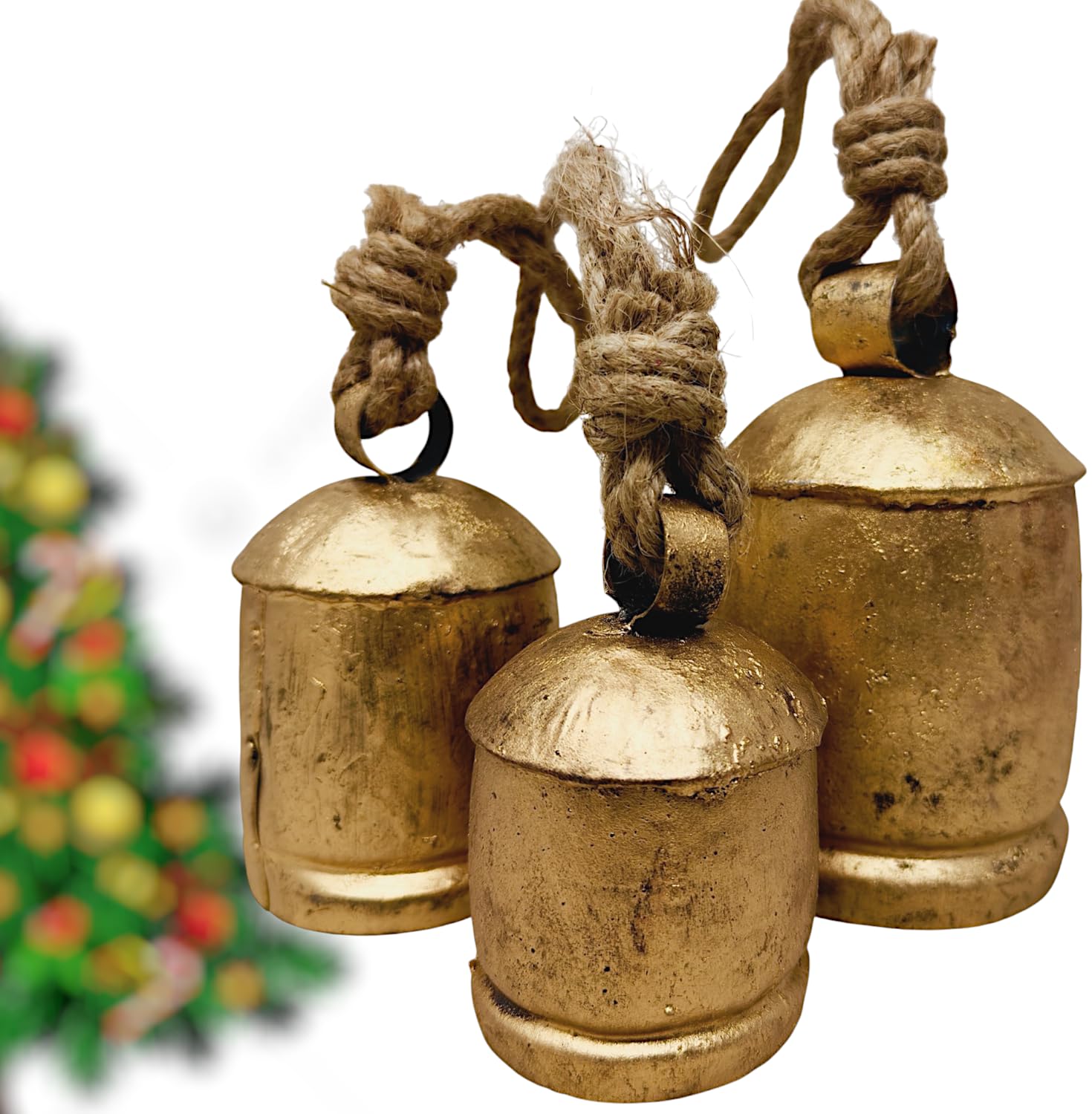 Set Of 5 Large XXL Farmhouse Bells - Vintage Style Harmony Shabby Chic Rustic Cow Bells For Christmas Decor - Gold On Rope - Decorative Hanging Ornaments