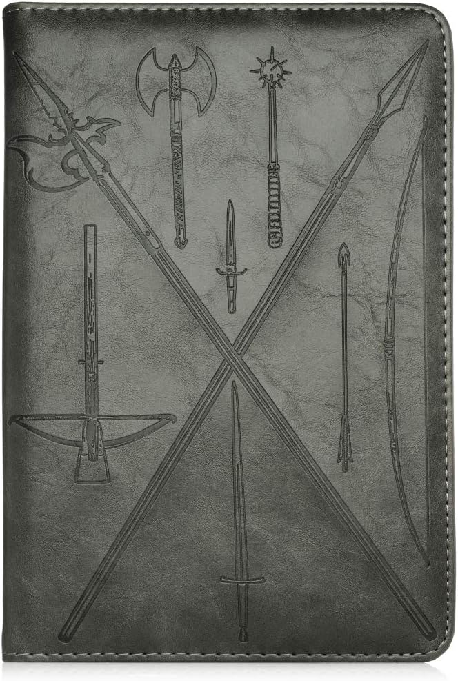 Medieval Weapons Writing Journal by SohoSpark, Refillable Faux Leather, Lined Personal Diary for Travel, 6x8.75 Notebook for Writers. Fountain pen safe with lay-flat binding.