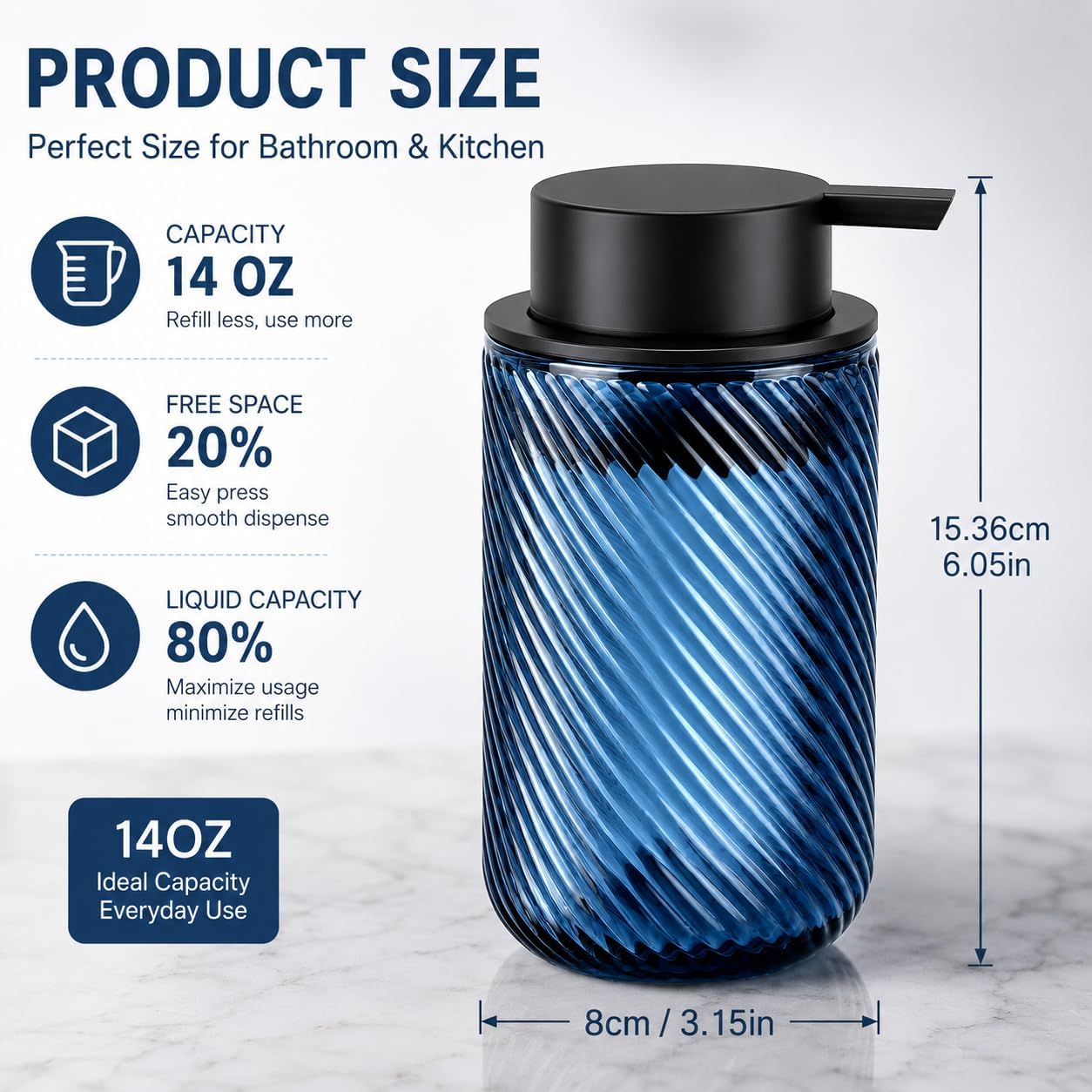 Blue Glass Foaming Soap Dispenser 14oz, Slanted Ribbed Refillable Soap Pump Bottle, Kitchen & Bathroom Foam Soap Dispenser, Modern Sink Decor