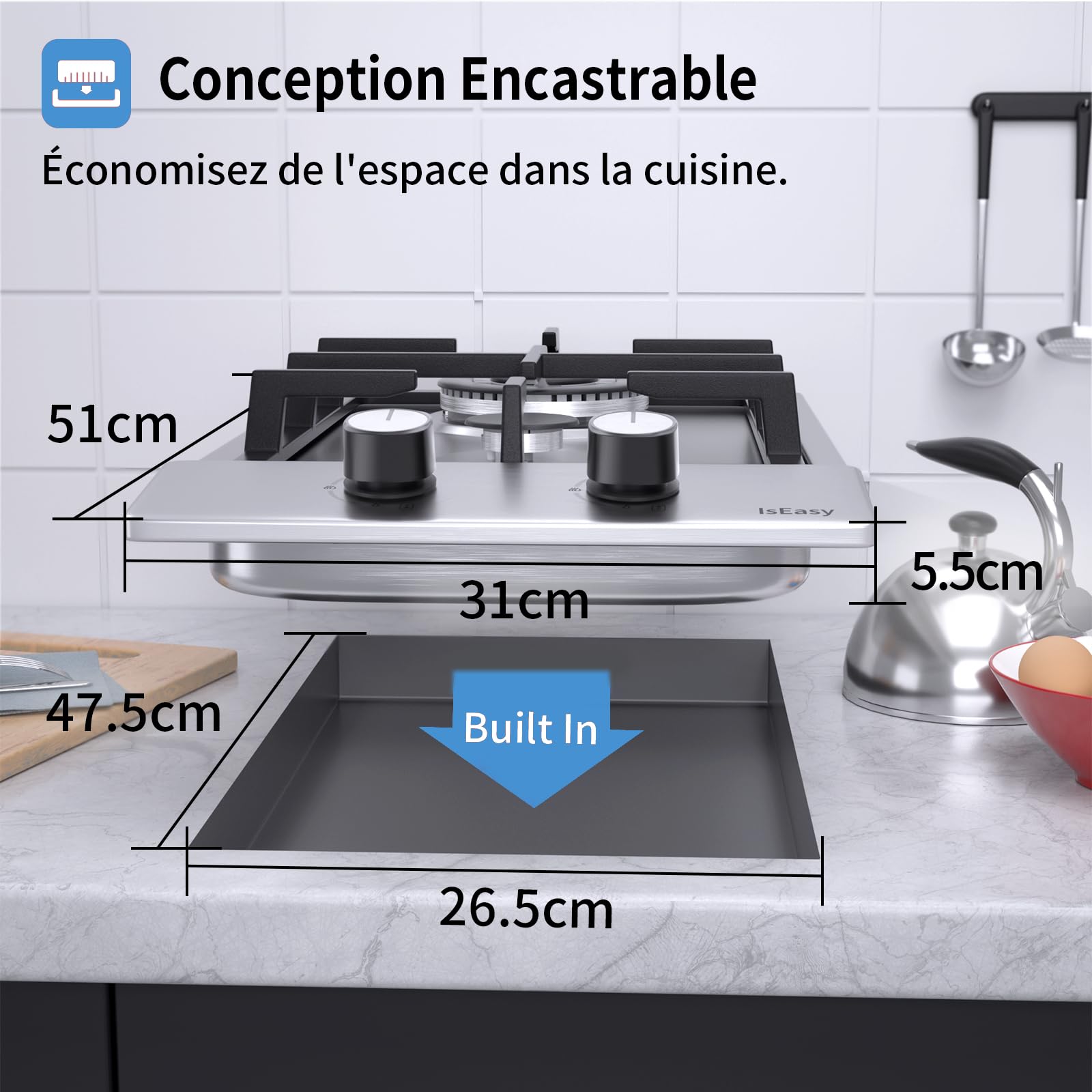 Plaque de Cuisson Gaz 2 Feux Inox 30cm Encastrable IsEasy