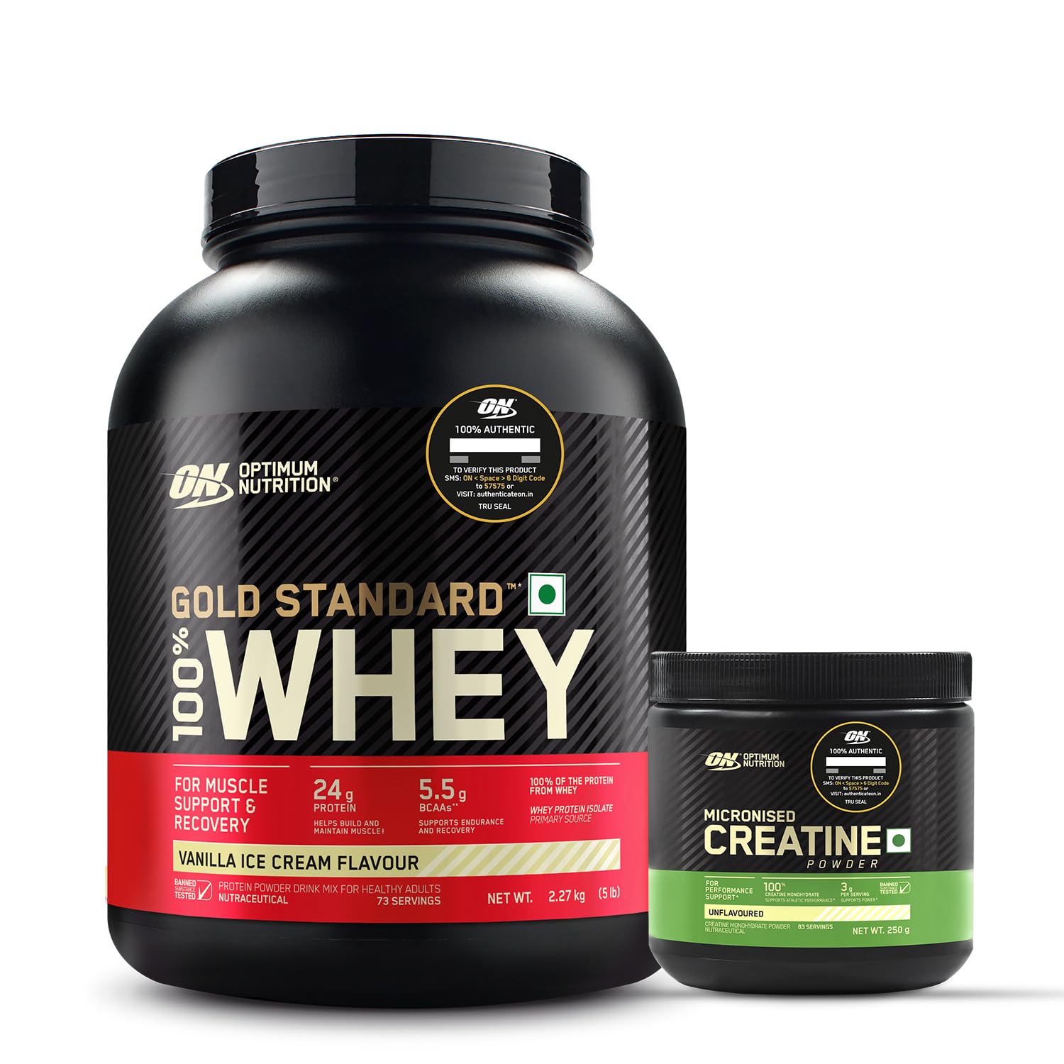 [BRSRAFL3B4OROEQZ] OPTIMUM NUTRITION (ON) Gold Standard 100% Whey Protein Powder 5 Lb, 2.27 Kg (Vanilla Ice Cream) And Ptimum NUTRITION (ON) Micronized Creatine Powder - 250 G, 83 Serves COMBO, 2520 Gram, 1 Scoop