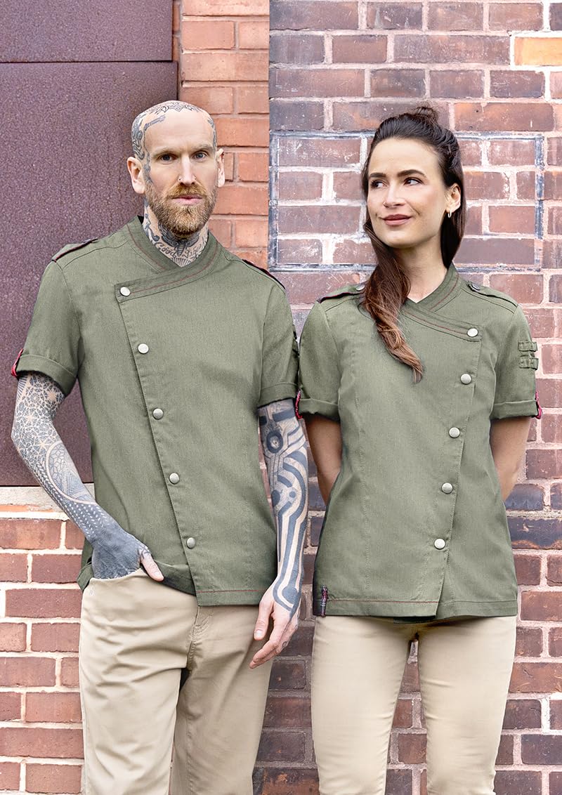 Karlowsky Kurzarm Herrenkochjacke Denim-Style Stage2 Druckknöpfe Polyester/Baumwollmix OEKO-TEX pflegeleicht vintage moss green