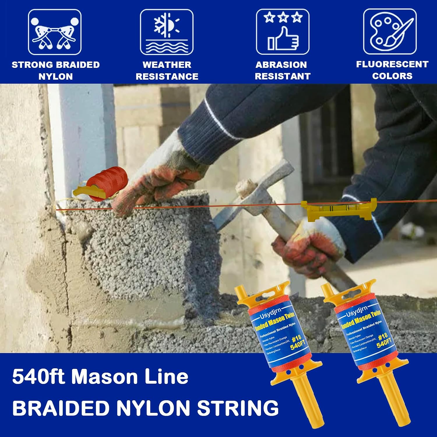 2 Pack Mason Line with Handle, 540FT #18 Braided Nylon String with Reloadable Line Reel and 10 Built-in Levels, Precision Construction String Twine for Masonry, Gardening, Surveying, and DIY Projects