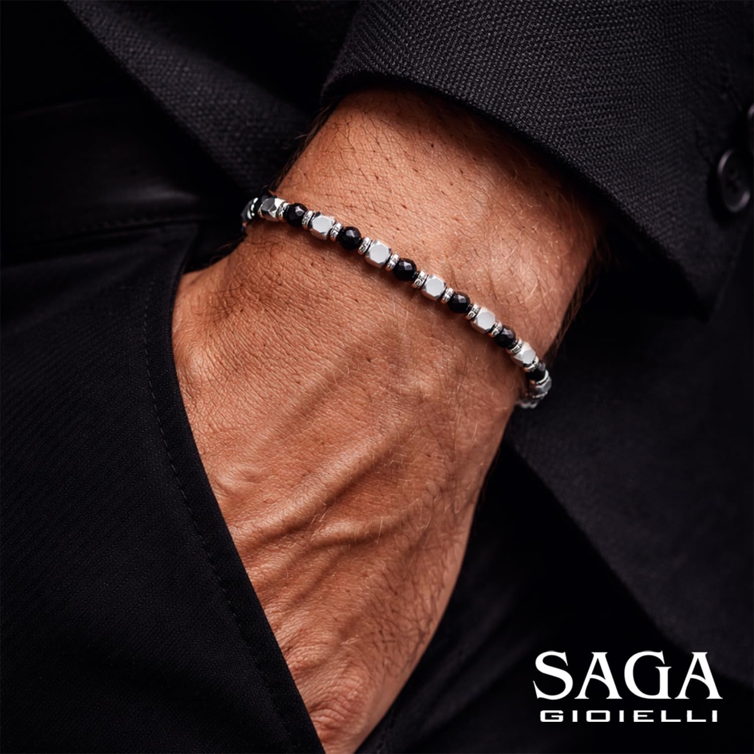 SAGA GIOIELLI® Bracciale Uomo Donna Pietre Dure Onice Nero Vari Colori Quadrello Acciaio