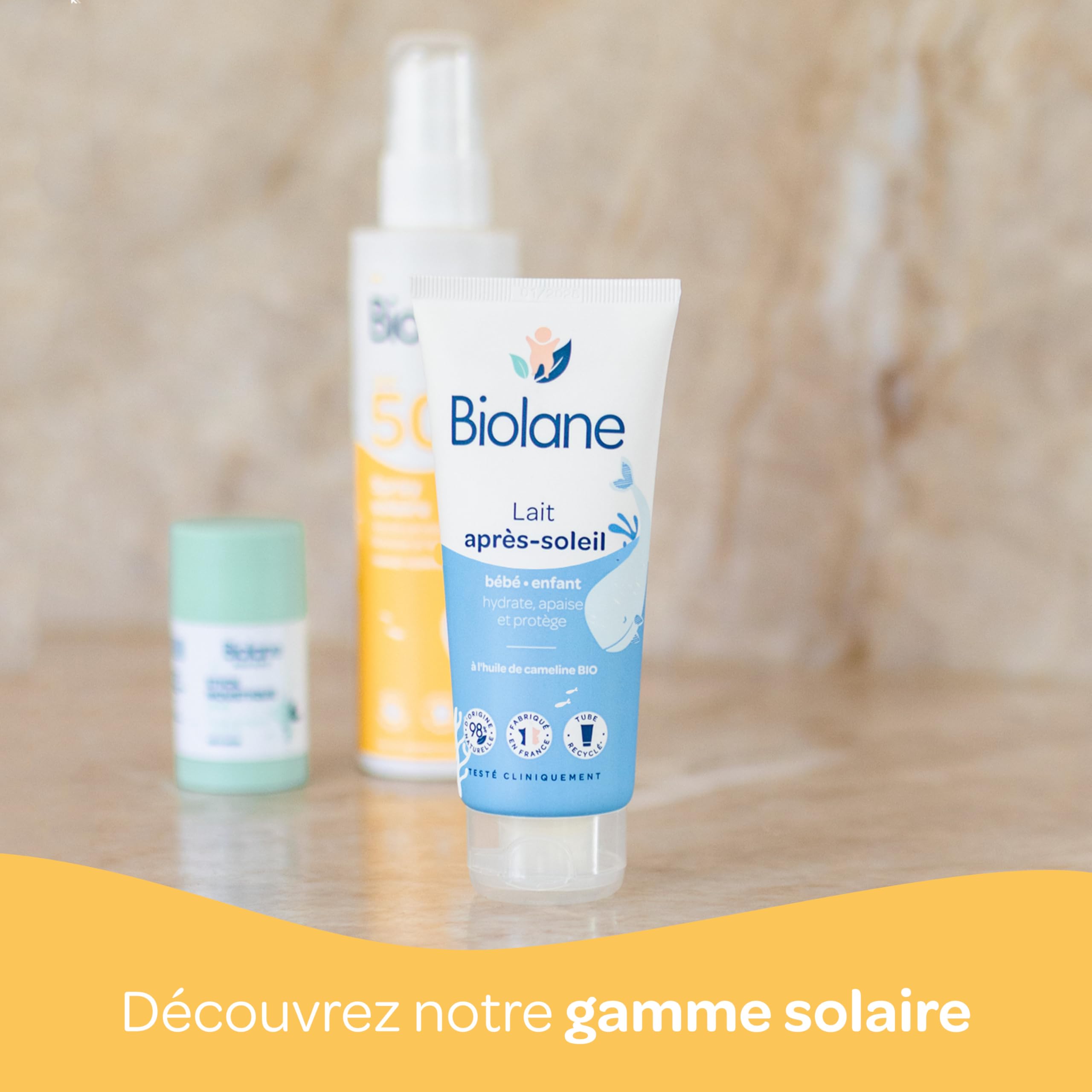 BIOLANE - Lait après soleil - Bébé - Apaise et protège - Peaux Sensibles - Huile de Cameline BIO - 98 % d'origine naturelle - Fabriqué en France