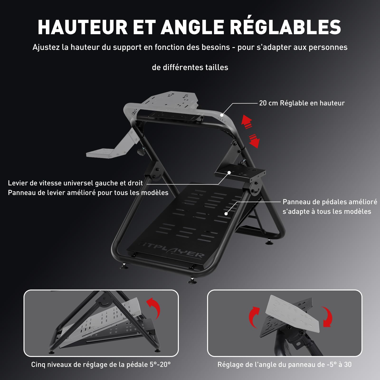 GTPLAYER Support de volant Sim Racing Steering Wheel Stand pour G920 G29 G25 G27 G923 T300RS avec support de levier de vitesse, Hauteur et angle réglables