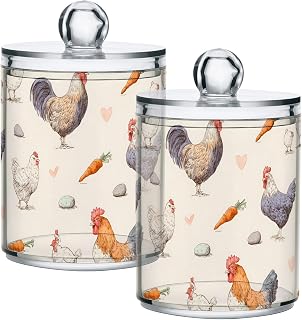 Bathroom Canister Set of 2 Rooster Carrot Qtip Holder Dispenser Clear Plastic Apothecary Jars with Lids Bathroom Organizer Storage Containers for Cotton Swab, Ball, Pads, Floss