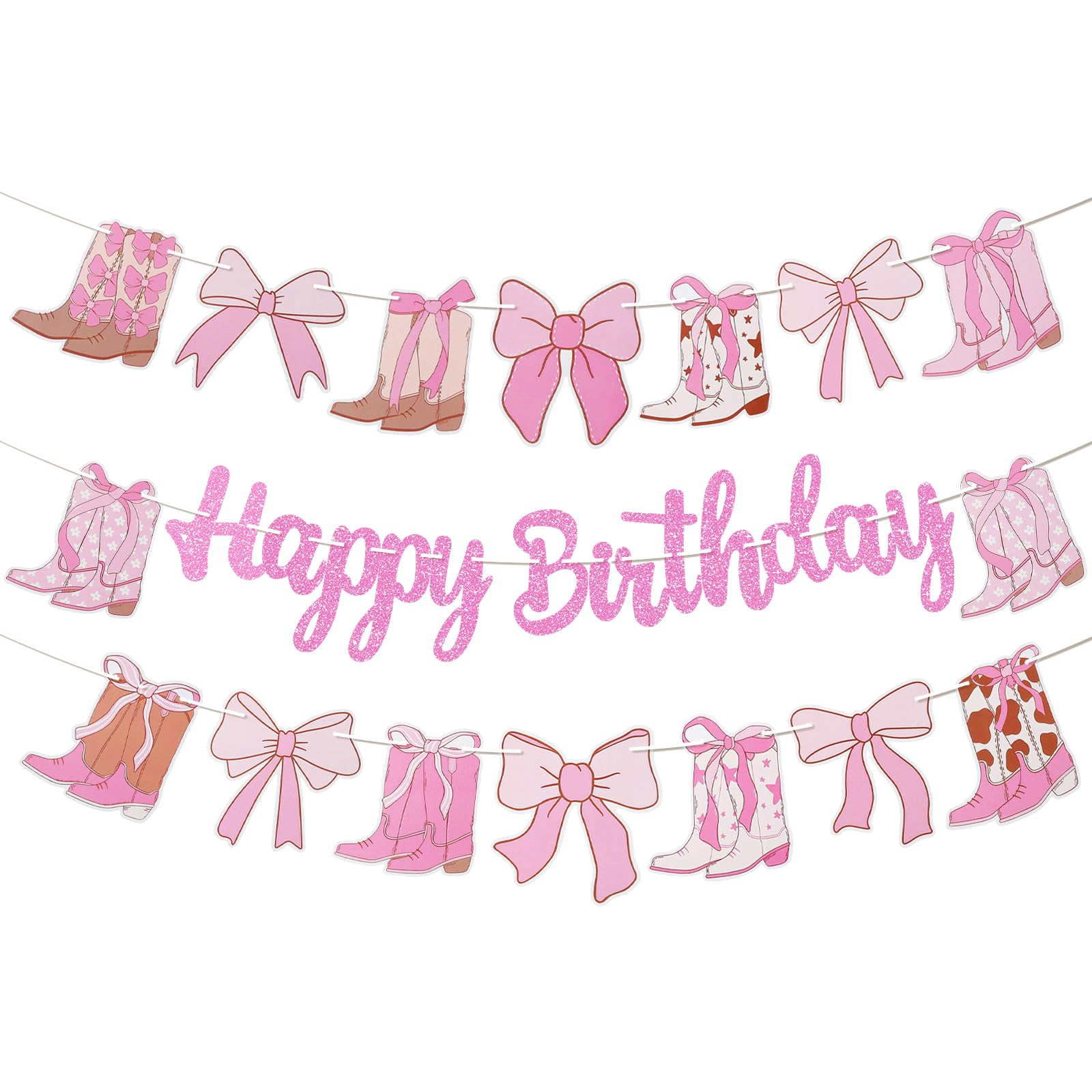 BLMHTWO 3PCS Coquette Cowgirl Birthday Banners, Boots and Bows Party Decorations Western Coquette Cowgirl Birthday Decorations Glitter Pink Party Banner for Girls Western Theme Supplies (Pink)