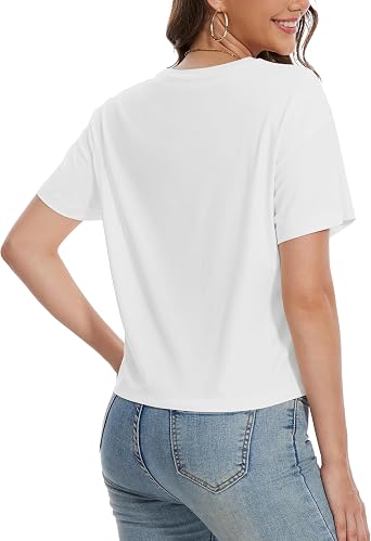 YUCOLEN Women's Crop Tops Summer Short Sleeve Cotton UPF 50+ Round Neck Casual Loose Cropped T-Shirts Solid Basic Tees