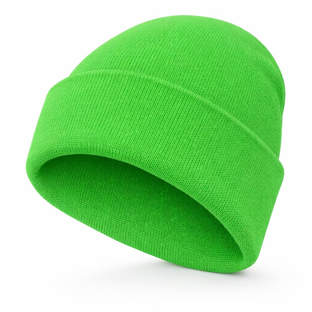Ws Uk Unisex Kids Neon Green Kids Beanie Hat - Slouch Winter Woolly Turn Up Knitted (Neon Green)