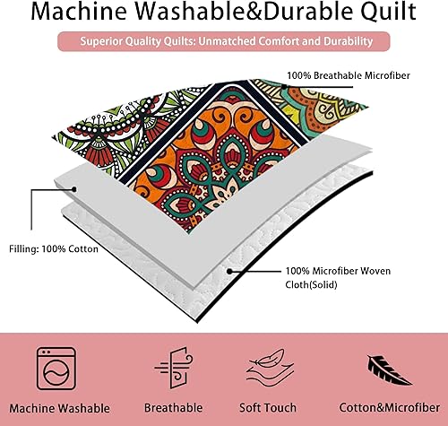 Miniatura 5 de zhuzai Juego de edredón de retazos de 3 piezas, tamaño King, reversible, bohemio, con 2 fundas de almohada, juego de ropa de cama de microfibra