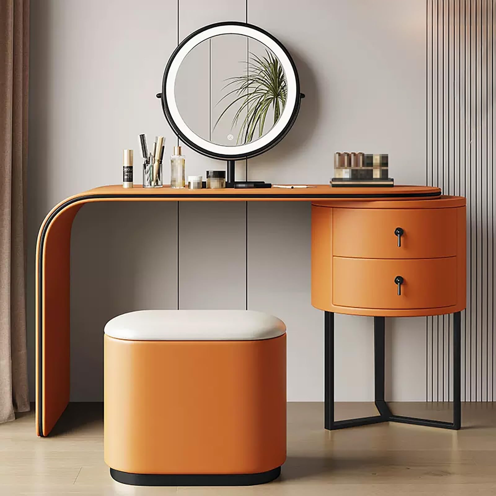 CGCSYZ Makeup Vanity, Vanity Table with 360° Rotating Mirror, Fiber Leather Dressing Table, Vanity Desk Set with Round Side Cabinet, Makeup Dresser Table with Cushioned Stool(Orange-100cm/39.3in)