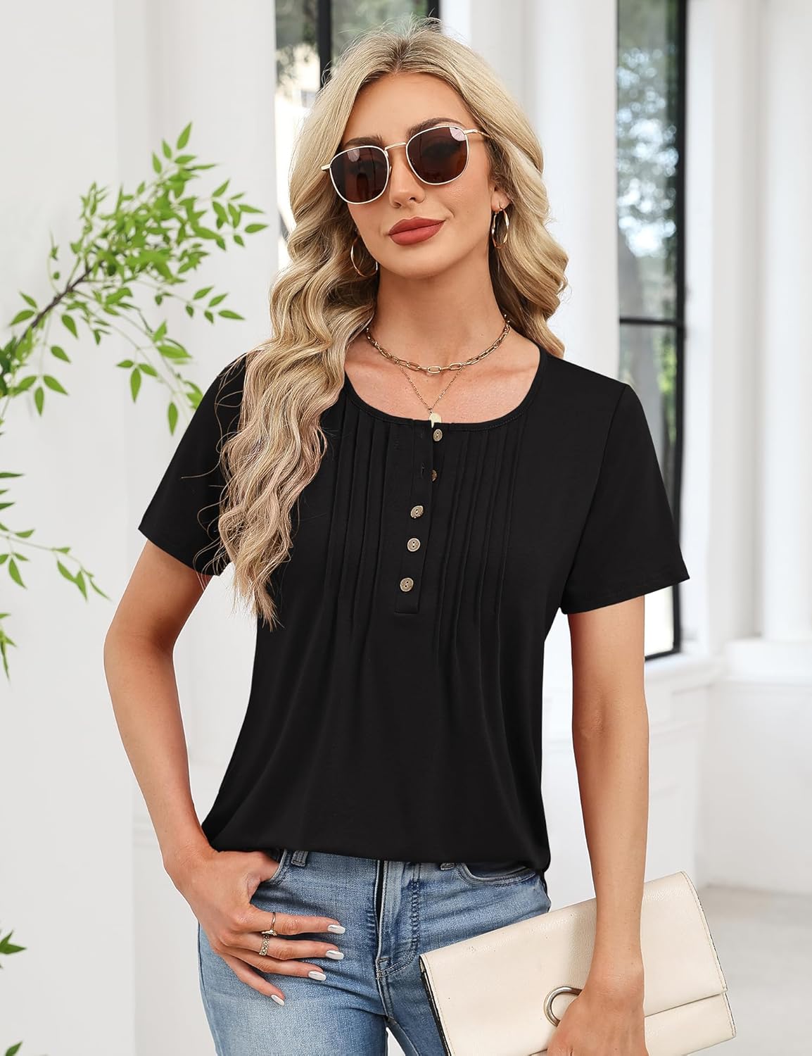 Rapbin Short Sleeve Shirts for Women Pleated Crewneck Cute Blouses Dressy Casual Elegant Tops Loose peasant Summer T-Shirts - Image 2